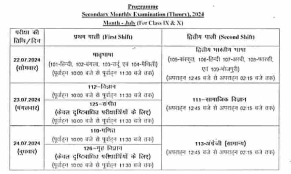 BIHAR BOARD 9TH 10TH JULY MONTHLY EXAM DATE SHEET PDF