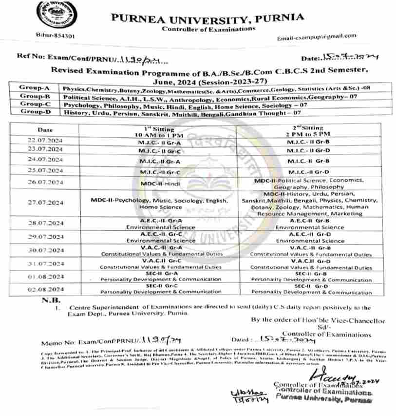 Purnea University UG 2nd Semester Exam Date 2024 PDF