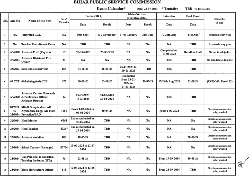 BPSC REVISED EXAM CALENDAR 2024 PDF 