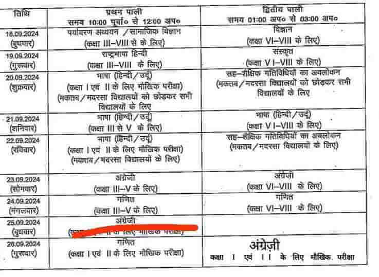 bIHAR BOARD PRIMARY SCHOOL CLASS 1-8 HALF YEARLY EXAM SCHEDULE PDF